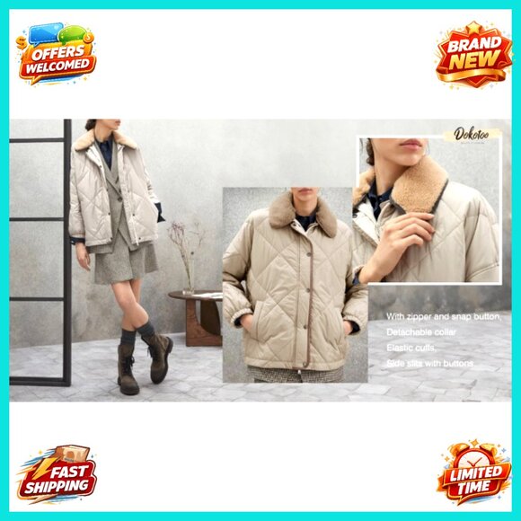 Quilted Puffer Jacket Casual Oversized Chic Winter Outerwear Snap Front - Picture 6 of 6